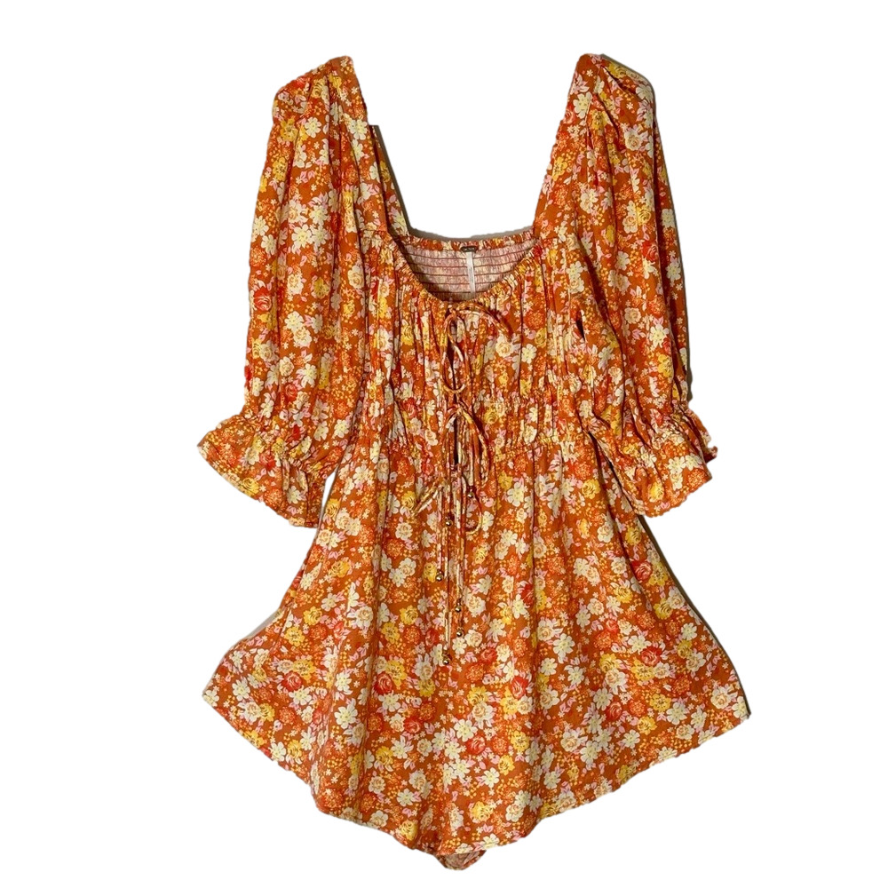 Free People Linen Show Me Love Orange Floral Romper Boho Peep Holes Ties Medium